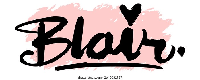 Handwritten black graffiti name “Blair” with pink splatter background. Trendy feminine tag for urban design, streetwear prints, digital stickers, and modern calligraphy art.