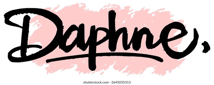 Handwritten black graffiti name “Daphne” with pink splatter background. Feminine and trendy tag perfect for digital stickers, streetwear prints, and modern urban design.
