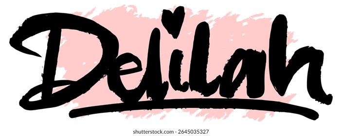 Handwritten black graffiti name “Delilah” with pink splatter background. Feminine and urban tag style for digital stickers, street fashion, or trendy graffiti artwork.