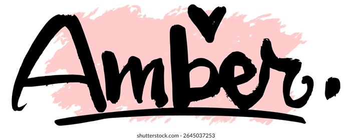 Handwritten black graffiti name “Amber” with pink splatter background. Feminine and trendy tag for digital stickers, streetwear prints, and urban graffiti-style designs.
