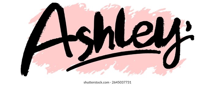Handwritten black graffiti name “Ashley” with pink splatter background. Trendy and feminine tag style perfect for streetwear prints, digital stickers, and urban design.