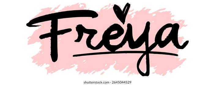 Handwritten black graffiti name “Freya” with pink splatter background. Feminine and bold urban tag perfect for digital stickers, fashion prints, and street-style artwork.