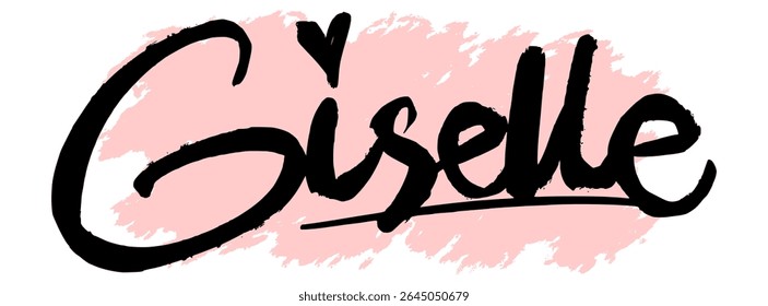 Handwritten black graffiti name “Giselle” with pink splatter background. Feminine and modern urban tag perfect for digital stickers, fashion prints, and graffiti-style artwork.