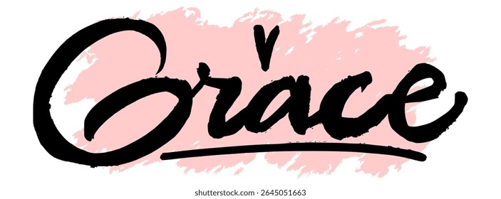 Grafite preto manuscrito nome "Grace" com fundo rosa splatter. Design de etiqueta feminino e elegante perfeito para roupas de rua, adesivos digitais e arte de grafite urbana.