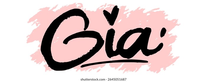 Handwritten black graffiti name “Gia” with pink splatter background. Bold and feminine urban tag ideal for digital stickers, streetwear fashion, and graffiti-style design.