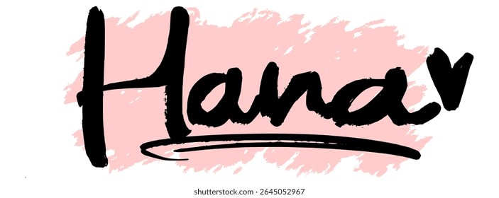 Grafite preto manuscrito nome "Hana" com fundo rosa splatter. Tag de estilo de rua feminino e moderno perfeito para adesivos digitais, impressões de moda e obras de arte urbana.