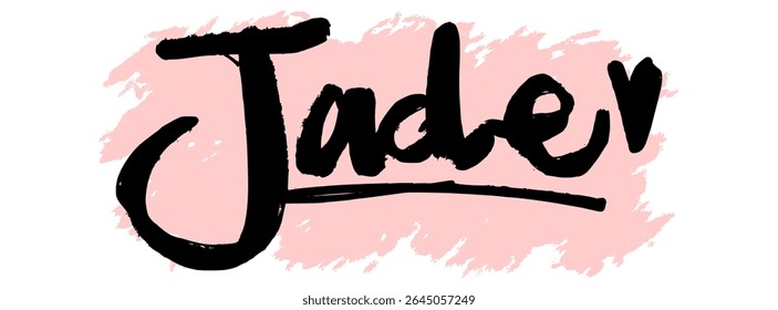 Handwritten black graffiti name “Jade” with pink splatter background. Feminine and bold tag art ideal for digital stickers, streetwear fashion, and urban graffiti-style designs.