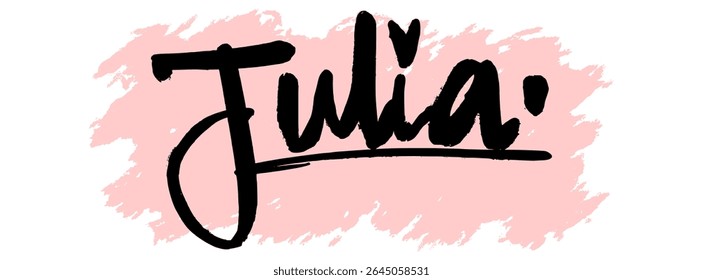 Handwritten black graffiti name “Julia” with pink splatter background. Bold and feminine tag design perfect for digital stickers, fashion prints, and urban-style artwork.