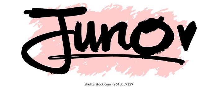 Grafite preto manuscrito nome "Juno" com fundo rosa splatter. Estilo de tag feminino e ousado perfeito para adesivos digitais, moda de rua e arte moderna de grafite.