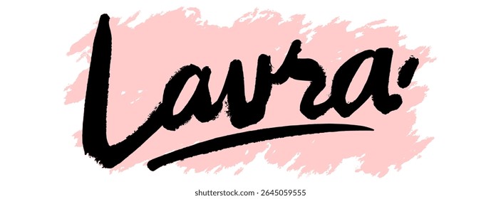 Handwritten black graffiti name “Laura” with pink splatter background. Feminine and trendy tag art perfect for digital stickers, streetwear prints, and urban-style graffiti design.