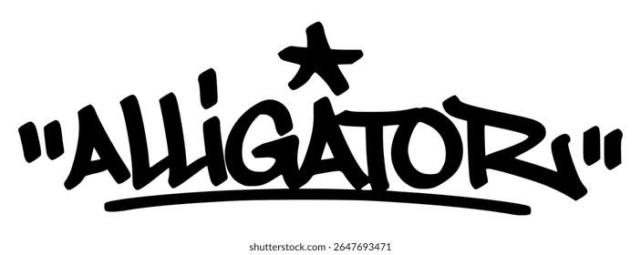 Handwritten black graffiti tag of “Alligator” with bold street style. Transparent background, perfect for urban designs, stickers, or streetwear graphics.