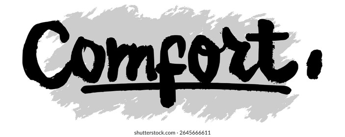 Handwritten black “Comfort” lettering on a soft gray splatter background. Ideal for spiritual art, healing messages, and mental health design themes.