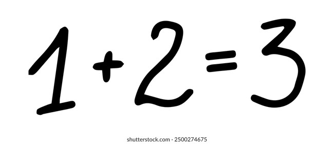 La ecuación matemática negra escrita a mano 1 más 2 es igual a 3 aislada sobre un fondo blanco. Concepto de símbolos matemáticos, enseñanza, educación, ayudas de aprendizaje, estilo minimalista. Imprimir, elemento de diseño