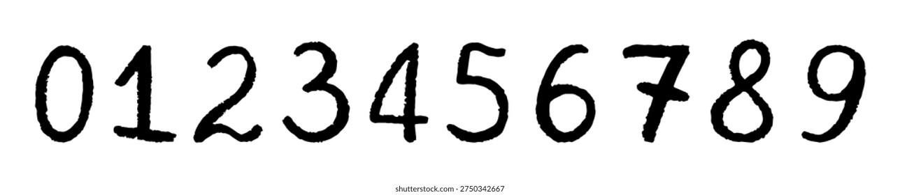 Handwritten black numbers isolated on white background, ink handdrawn digits set, education basics, counting practice, school worksheet.
