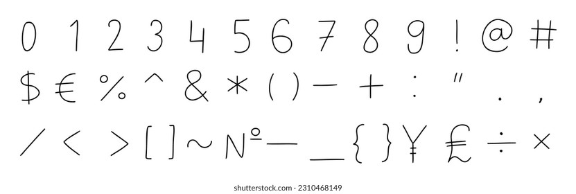 Handwritten black special mathematical and other symbols and signs font 0 to 9. Vector illustration in hand drawn cartoon doodle style isolated on white background. For learning, card, sales.