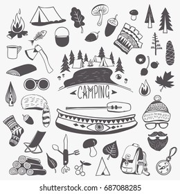 Handwritten Black and White Drawings of Camping Trip Items, Accessories and Symbols