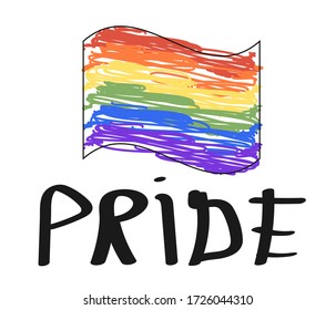 handwritten black word pride and flag of the lgbt community painted with doodles on a white background