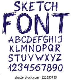 Handwritten blue sketch alphabet. Vector illustration