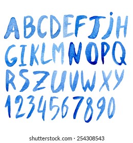 Handwritten Blue Watercolor Alphabet With Numbers And Symbols. Vector