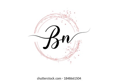 Handwritten BN B N letter logo with sparkling circles with pink glitter. Decorative vector illustration with B and N letters.
