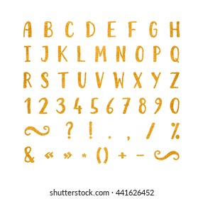Handwritten bold gold font with punctuation marks on white background. Uppercase font contains question mark, exclamation point, period, comma, dash, hyphen, bracket etc. Vector illustration.