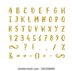 Handwritten bold gold font with punctuation marks on white background. Uppercase font contains question mark, exclamation point, period, comma, dash, hyphen, bracket etc. Vector illustration.