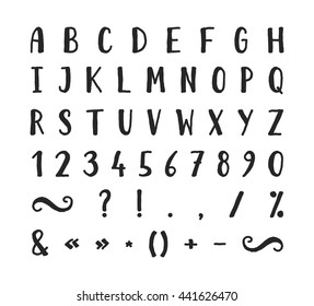 Handwritten Bold Grunge Font With Punctuation Marks On White Background. Uppercase Font Contains Question Mark, Exclamation Point, Period, Comma, Dash, Hyphen, Bracket Etc. Vector Illustration.