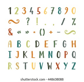 Handwritten bold grunge font with punctuation marks on white background. Uppercase font contains question mark, exclamation point, period, comma, dash, hyphen, bracket etc. Vector illustration.