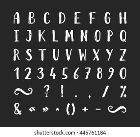 Handwritten bold grunge texture font with punctuation marks on black background. Uppercase font contains question mark, exclamation point, period, comma, dash, hyphen, bracket etc. Vector illustration