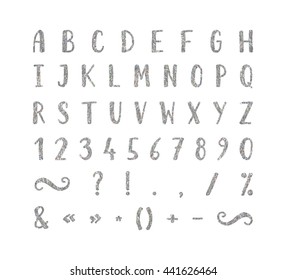 Handwritten bold silver font with punctuation marks on white background. Uppercase font contains question mark, exclamation point, period, comma, dash, hyphen, bracket etc. Vector illustration.