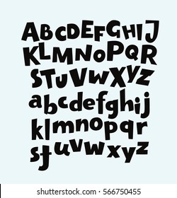 Handwritten bold trendy vector alphabet set. Playful calligraphic characters uppercase, lowercase. Black symbols shapes isolated on white background.