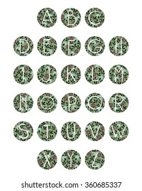 Handwritten botanical alphabet made in vector. Vector collection of hand drawn letters on botanical round layouts.