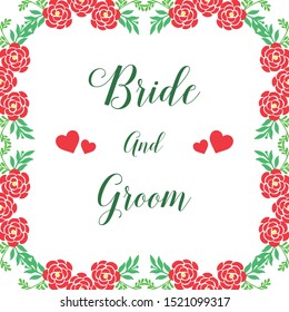 Handwritten of bride and groom, with green leafy flower frame on white background. Vector