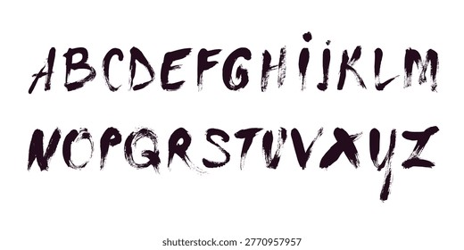 Handwritten Brush Alphabet Vector Font Set With Grungy Ink Texture. Bold hand painted artistic calligraphy characters in minimalist black and white palette. Perfect for logos, cards, web, poster