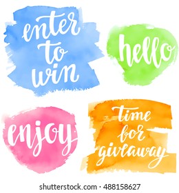 Handwritten brush calligraphy catchwords. Giveaway, enter to win, enjoy, hello. Vector hand lettering for tshirt, decor, poster, card or for web banners and social media contests.