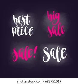Handwritten brush calligraphy catchwords. Sale and Best Price. Vector lettering for design web banners, posters or social media contests on chalkboard dark background.