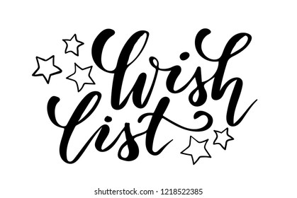 Handwritten brush calligraphy wish list isolated on a white background. Vector illustration.