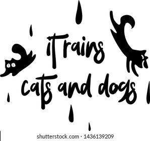 Handwritten brush expression it rains cats and dogs with elements for t shirts