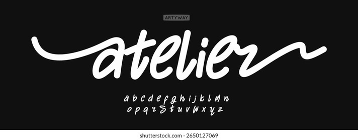 Fonte de pincel manuscrita fluindo como linha, letras estilizadas para logotipos de moda, sinais de alfaiate, ateliers conduzidos por mulheres, capas artesanais, vibe de script moderno com torção caligráfica, tipografia vetorial