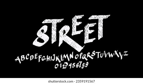 Handwritten brush font in grunge style. Letters and numbers with rough texture for emblem and headline design
