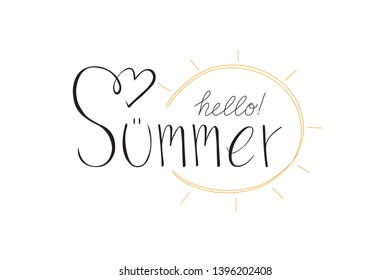 Handwritten Brush lettering composition of Hello Summer isolated on white background. Lettering and calligraphy for poster,banner,bag,shirt,Print on cup
