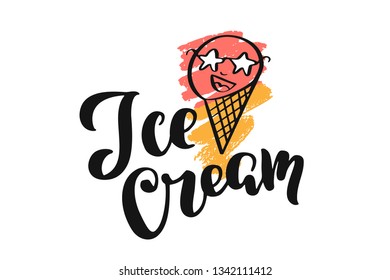 Handwritten  Brush lettering composition of Summer "Ice cream". Lettering and calligraphy for poster, background, postcard, banner, window. Print on cup, bag, shirt, package, balloon
