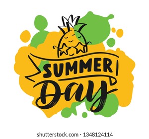 Handwritten Brush lettering composition of Summer day. Lettering and calligraphy for poster, background, postcard, banner, window. Watercolor texture summer