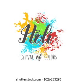 Handwritten brush lettering of Happy Holi on colored background. Festival of Colours design for banner, print, poster and card. Happy Holi celebration calligraphy. Vector