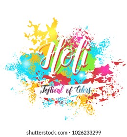 Handwritten brush lettering of Happy Holi on colored background. Festival of Colours design for banner, print, poster and card. Happy Holi celebration calligraphy. Vector