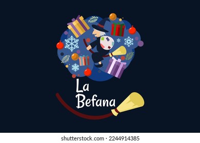 Handwritten brush lettering La Befana for Epiphany celebration in Italian isolated on the white, old witch.