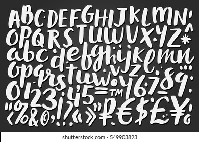 Handwritten brush letters, symbols, numbers, chalkboard background, vector illustration.
