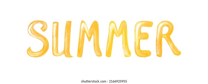 Handwritten brush stroke yellow acrylic paint lettering of Summer on white background.