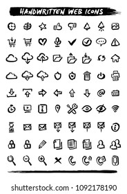 Handwritten brush strokes interface icons set, vector symbol collection, linear style pictogram pack. Signs, logo illustration. Set includes various icons for the web