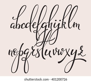 Handwritten brush style modern calligraphy cursive font with flourishes. Calligraphy alphabet. Cute calligraphy letters. For postcard or poster decorative graphic design. Isolated letter elements.